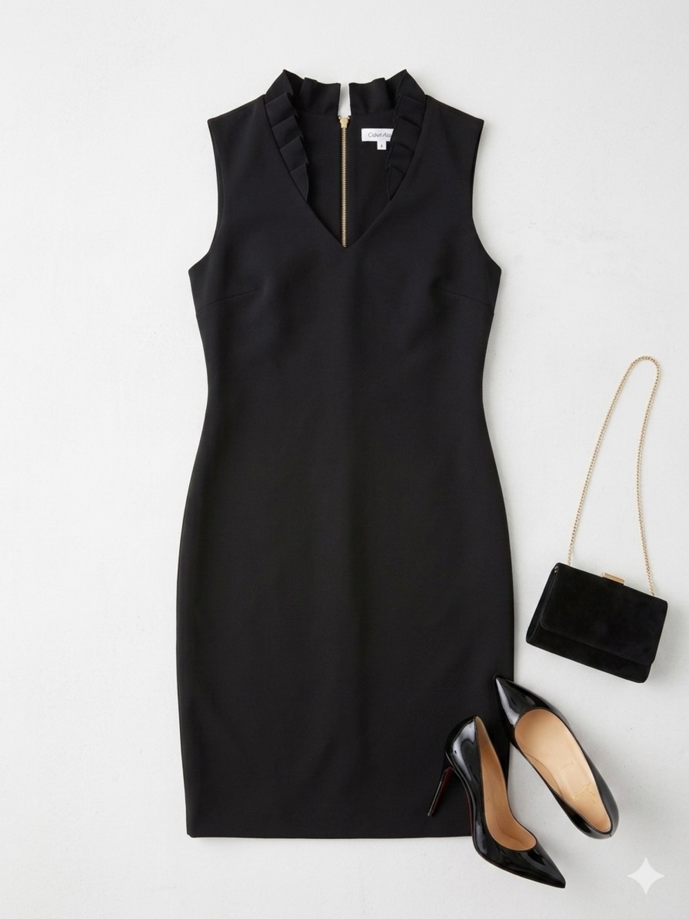 Calvin Klein Black Sleeveless Sheath Dress with Ruffle V-Neck size 10